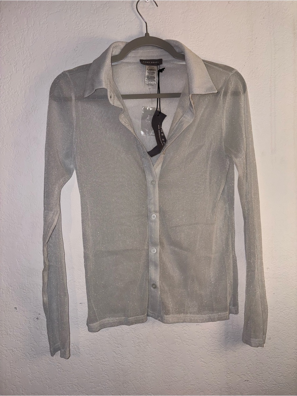 Sheer Shimmery Silver Long-Sleeve Cardigan Shirt